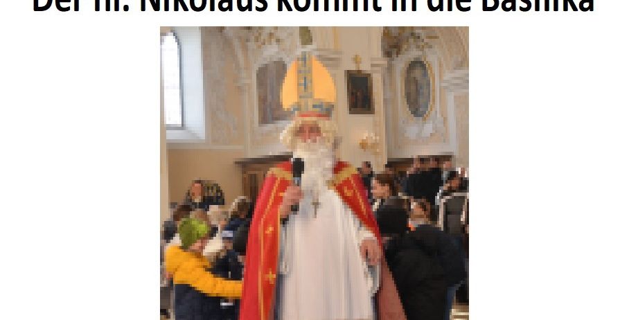 Plakat für eine Kirchenveranstaltung mit einem Bild von St. Nikolaus, Ankündigung seines Besuchs in der Basilika am 7. Dezember 2025 um 10:00 Uhr.