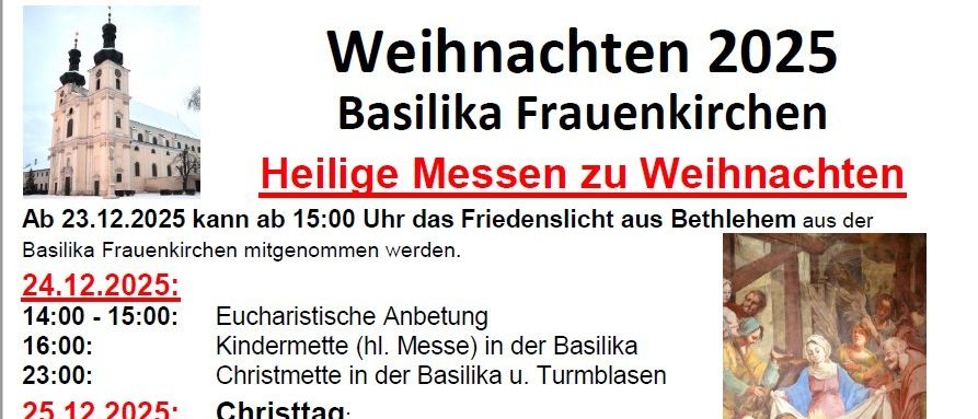 Ein Bild listet kommende religiöse Gottesdienste in einer Kirche auf, einschließlich Messen, Segnungen und besondere Ereignisse wie das Fest der Heiligen Familie, mit Daten und Zeiten. Das Bild zeigt auch eine Kirchenillustration und einen Laternenpfahl im Vordergrund.