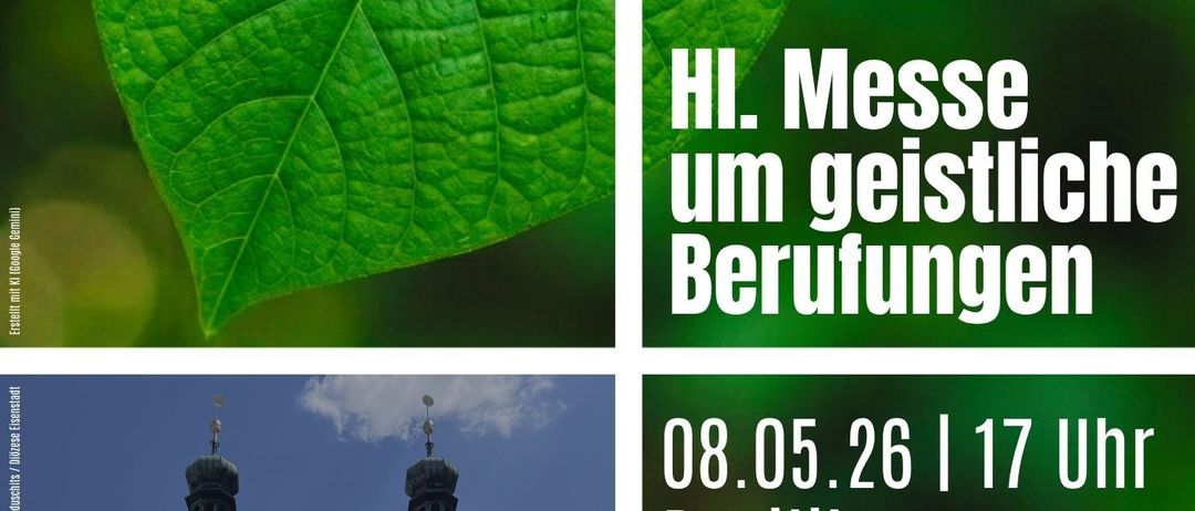 Plakat mit einem Blatt und einer Kirche. Der obere Teil hat Text auf Deutsch und ein Blattbild. Der untere Teil hat ein Kirchenbild. Datum und Uhrzeit für die Veranstaltung sind angezeigt.