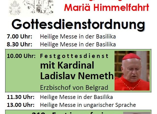 Ein Plakat für die Frauenkirchen 'Maria auf der Heide' Veranstaltung am 15. August 2026, mit einer Kirchenzeichnung und einem Zeitplan für religiöse Gottesdienste.