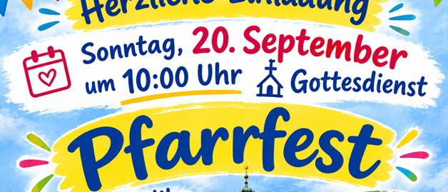 Plakat für das Pfarrfest-Event in der Frauenkirche am 20. September um 10:00 Uhr. Zeigt eine weiße Kirche, Kinderaktivitäten und ein gemeinschaftliches Fest.