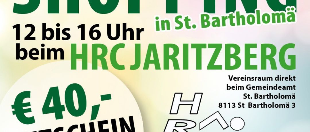 Ein Plakat für die Frühlings-Shopping-Veranstaltung bei HRC Jaritzberg, von 12 bis 16 Uhr. Ein €40-Gutschein wird beim Kauf eines Paar Laufschuhe angeboten.