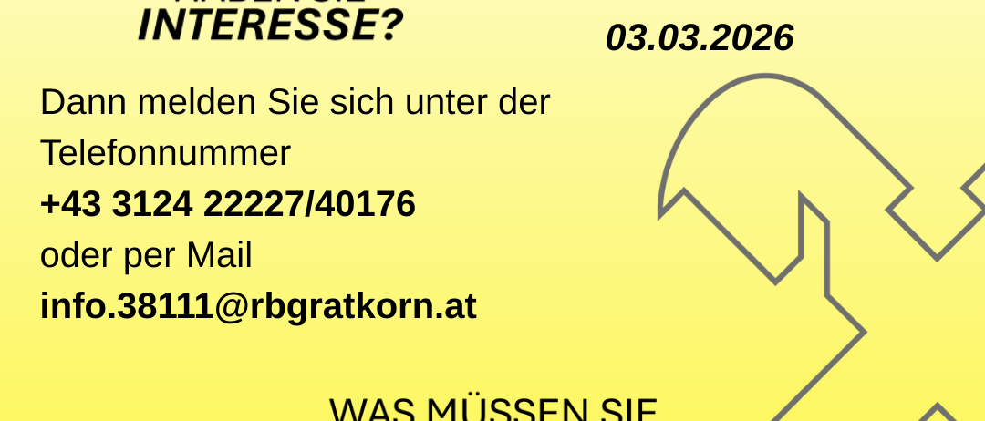 Hände halten ein Smartphone mit einer Anzeige für ein Online-Banking-Workshop von Raiffeisenbank Gratkorn. Der Workshop ist für den 3. März 2026 um 14:00 Uhr geplant. Kontaktdaten und Anforderungen sind aufgeführt.