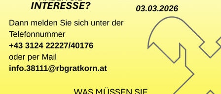 Hände halten ein Smartphone mit einer Anzeige für ein Online-Banking-Workshop von Raiffeisenbank Gratkorn. Der Workshop ist für den 3. März 2026 um 14:00 Uhr geplant. Kontaktdaten und Anforderungen sind aufgeführt.