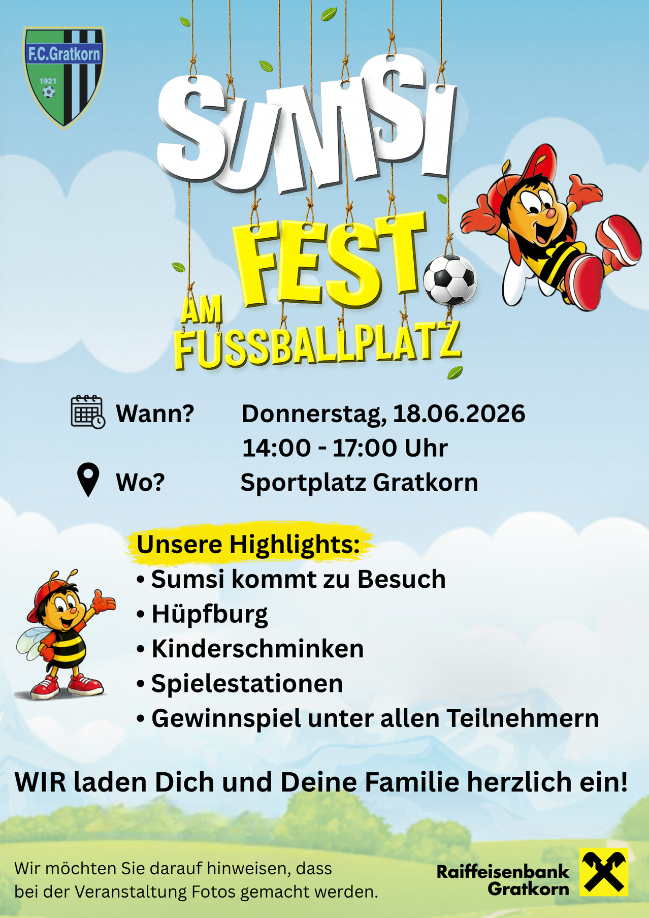 Plakat für das Jump Fest auf dem Fußballplatz. Es zeigt ein Bild einer Biene mit einem Fußball und Highlights sind Sumsis Besuch, eine Hüpfburg, Kinderspiele, Spielstationen und eine Verlosung. Datum: Donnerstag, 18.06.2026, 14:00-17:00 Uhr auf dem Sportplatz Gratkorn.