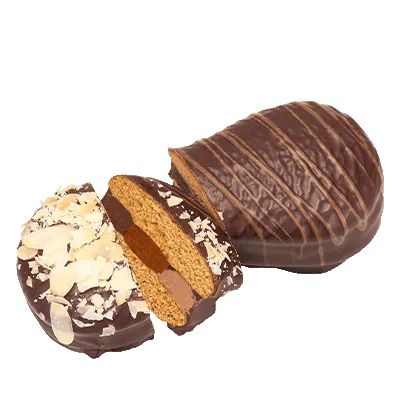 Two chocolate-covered pastries with a slice open, revealing a layer of almond and caramel. The pastries are dark chocolate with a striped pattern.