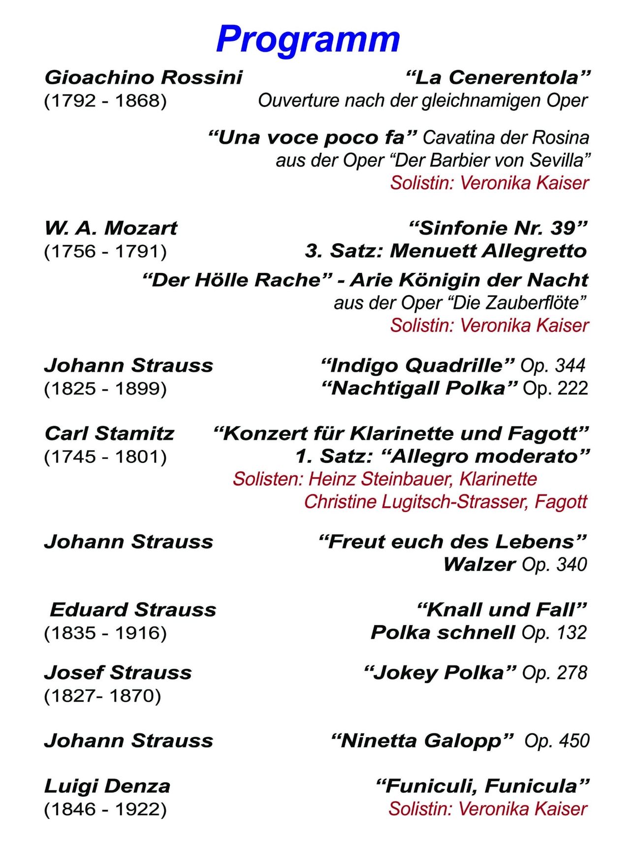 The image displays a program for a classical music concert featuring pieces by Mozart, Strauss, and others. It includes selections from Mozart's 'Die Zauberflöte' and Strauss's 'Freuet euch des Lebens'. The concert soloists are listed, along with the instruments they will perform.