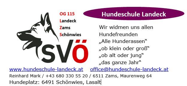 Ein Plakat für die Hundeschule Landeck mit einem Hundelogo, Kontaktdaten und einem Slogan, der alle Hundeliebhaber willkommen heißt. Das Plakat enthält eine Website, E-Mail, Telefonnummer und Adresse.