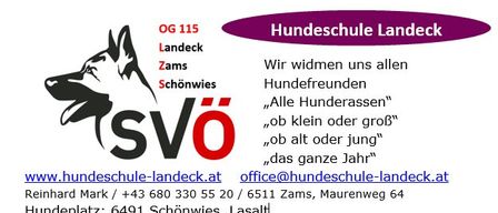 Ein Plakat für die Hundeschule Landeck mit einem Hundelogo, Kontaktdaten und einem Slogan, der alle Hundeliebhaber willkommen heißt. Das Plakat enthält eine Website, E-Mail, Telefonnummer und Adresse.