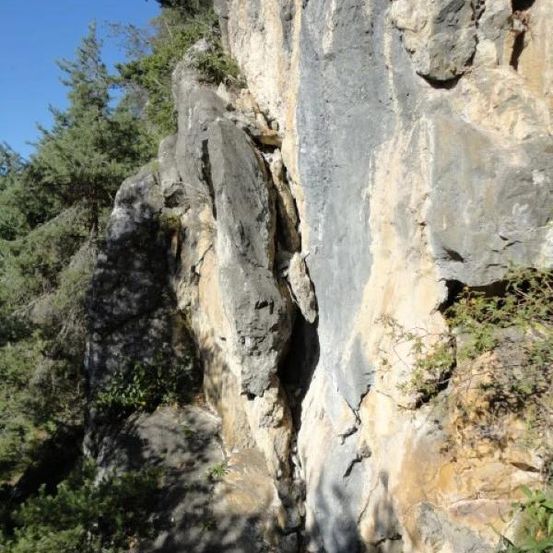 Eine raue Klippe mit einer großen Felsformation und einem schmalen Pfad. Bäume und Sträucher umgeben das Gebiet.