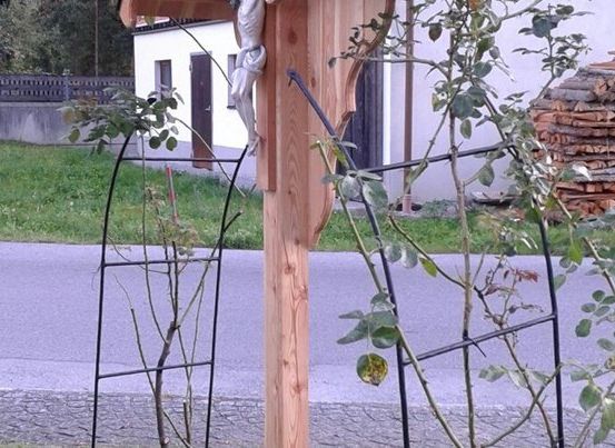 Ein Holzpfosten mit einem Metallbogen stützt eine Kletterpflanze in der Nähe eines Hauses und eines Holzstapels.
