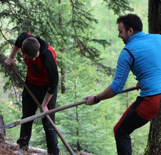 Zwei Männer graben mit Schaufeln im Wald. Einer trägt eine rot-schwarze Jacke, der andere eine blaue Jacke.