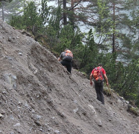 Zwei Wanderer steigen einen steilen, felsigen Hang mit Rucksäcken und Trekkingstöcken hinauf. Das Gelände ist mit losem Boden und Steinen bedeckt, im Hintergrund steht ein dichter Kiefernwald.