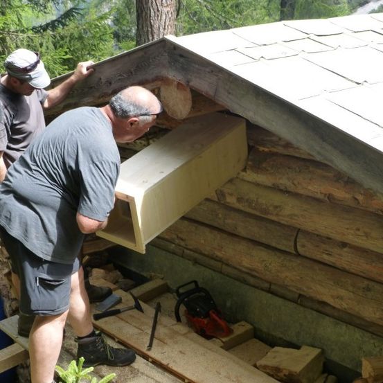 Zwei Männer arbeiten an einer Holzstruktur, möglicherweise einem Schuppen, einer hält einen Holzbalken und der andere ein Holzkistchen. Sie sind von Holzstämmen und Werkzeugen umgeben.