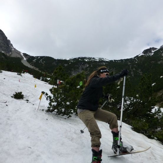 Eine Frau skilang auf einem verschneiten Berg, hält Skistöcke in der Hand, mit Bergen und Bäumen im Hintergrund.
