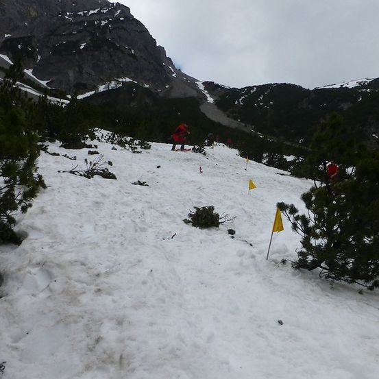 Eine Person, die einen schneebedeckten Berg hinunterskit, mit gelben Fahnen, die den Weg markieren.