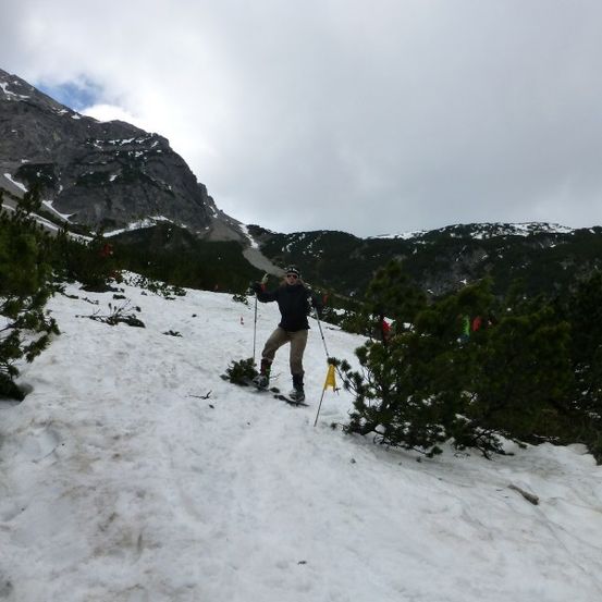 Ein Skifahrer bewegt sich auf einem verschneiten Berghang, umgeben von Kiefern und einem bewölkten Himmel.