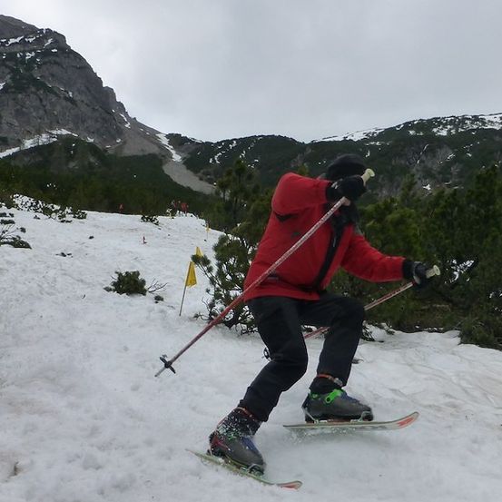 Ein Skifahrer in einem roten Jackett und schwarzen Hosen fährt einen schneebedeckten Berg hinunter. Der Skifahrer hält Skistöcke und ist von gelben Flaggen umgeben.