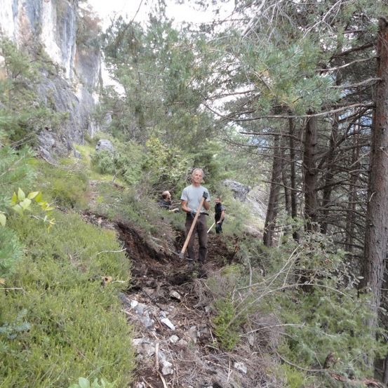 Eine Person wandert einen steilen Pfad in einem Wald hinauf und hält eine Schaufel. Eine weitere Person ist hinter ihnen.
