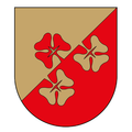 Ein heraldischer Schild, der diagonal mit einem roten und braunen Hintergrund geteilt ist. Drei stilisierte Blumen mit einem Kreuz in der Mitte sind über die Teilung verteilt.