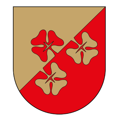 Ein heraldischer Schild, der diagonal mit einem roten und braunen Hintergrund geteilt ist. Drei stilisierte Blumen mit einem Kreuz in der Mitte sind über die Teilung verteilt.