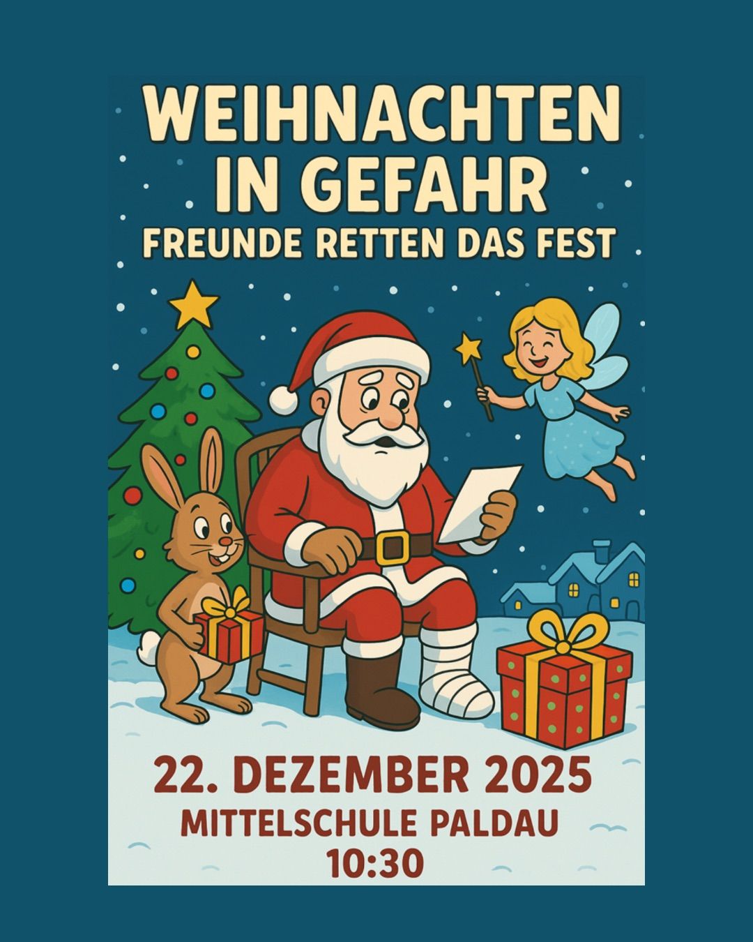Ein Poster mit dem Weihnachtsmann, einer Fee und einem Hasen. Der Weihnachtsmann liest einen Brief, hält ein Geschenk und hat einen Gips auf dem Bein. Das Poster lautet 'Weihnachten in Gefahr Freunde retten das Fest'.