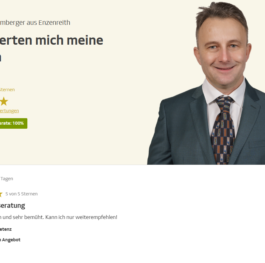 A man in a suit, smiling, with a 5-star rating and 100% recommendation. The text reads, 'Tagen, 5 out of 5 stars, and very satisfied. Can I only recommend!'