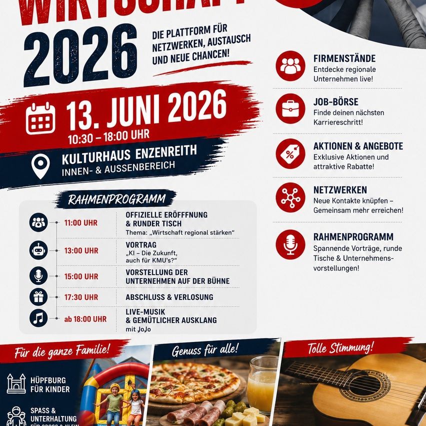 Plakat für die Veranstaltung 2026 am 13. Juni. Aktivitäten umfassen offizielle Eröffnung, Vorträge, Unternehmenspräsentationen, Abschluss, Live-Musik und einen Familienbereich. Datum: 13. Juni 2026, 10:30-18:00. Ort: Kulturhaus Enzenreith, Innen- & Außenbereich.