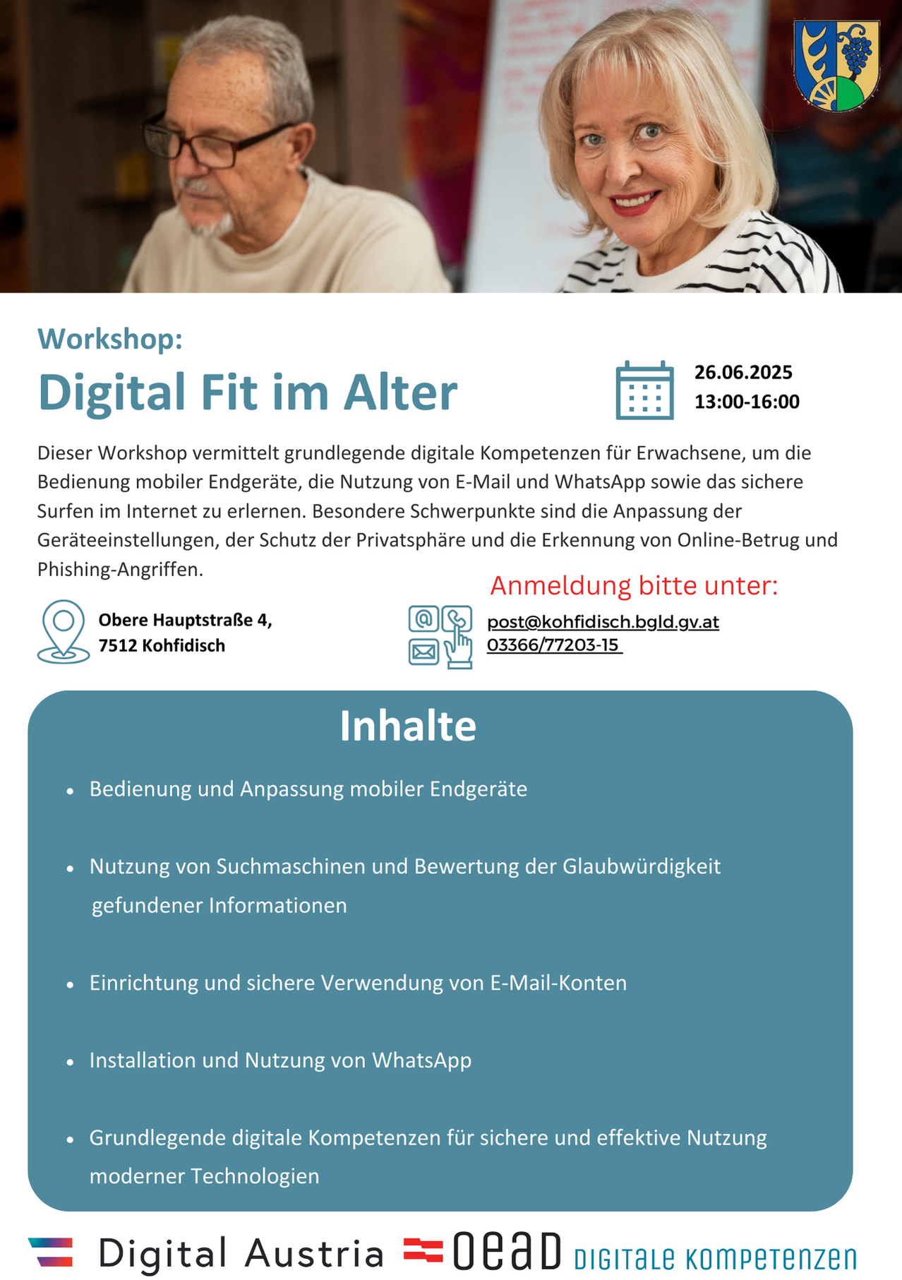 Ein Workshop über digitale Fitness für Senioren, der den Umgang mit mobilen Geräten, E-Mail und WhatsApp sowie sicheres Surfen im Internet lehrt. Besonderer Fokus auf Geräteeinstellungen, Datenschutz und Erkennung von Online-Betrug und Phishing.