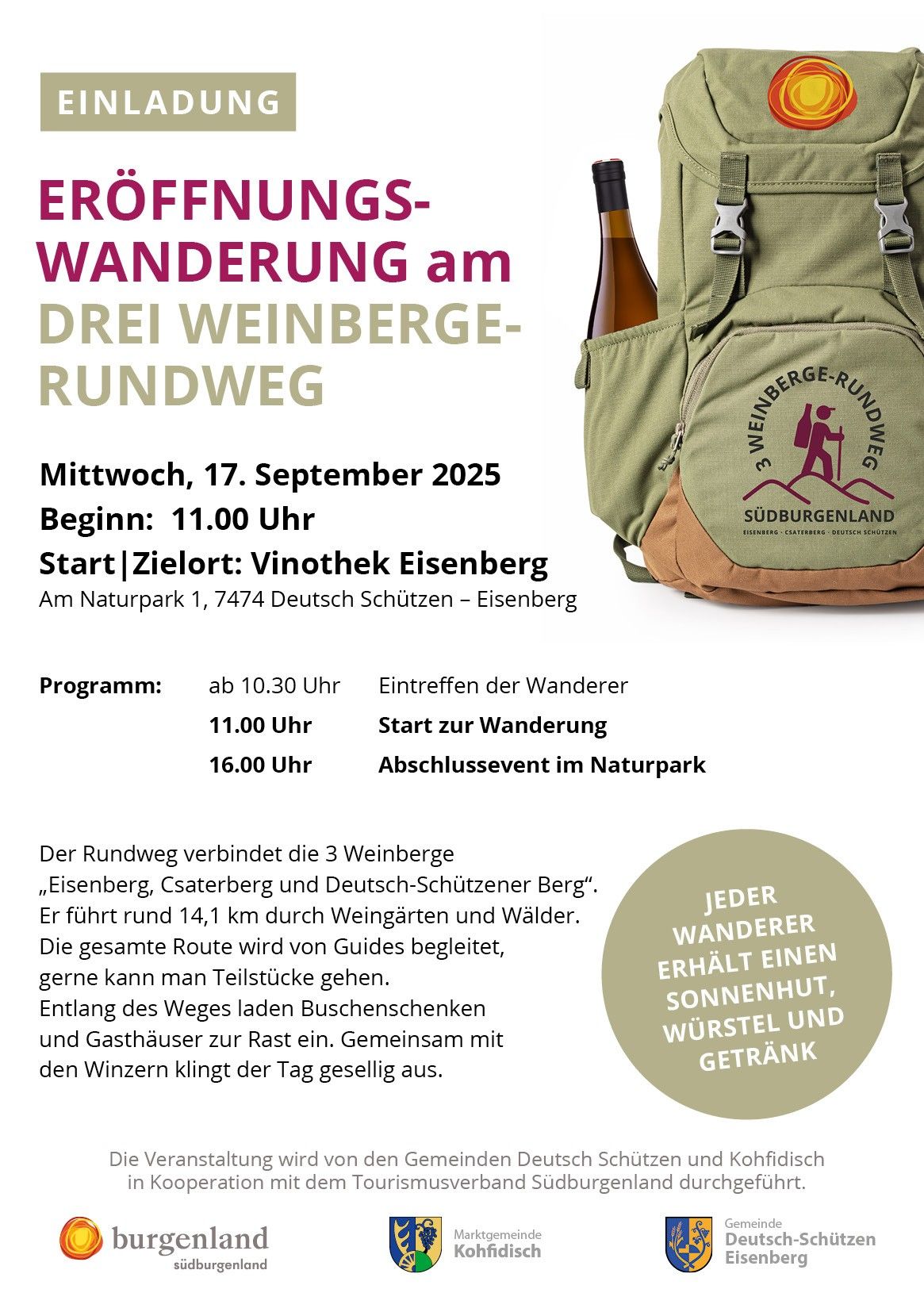 Eine Eröffnungswanderung auf dem Drei-Weinberg-Rundweg am Mittwoch, 17. September 2025, um 11:00 Uhr, startet in Vinothek Eisenberg. Die Route verbindet Eisenberg, Csaterbreg und Deutsch-Schutzener Berg und führt über 14,1 km durch Weinberge und Wälder. Guides begleiten die Tour, aber Teilnehmer können auch Teilstrecken wählen.