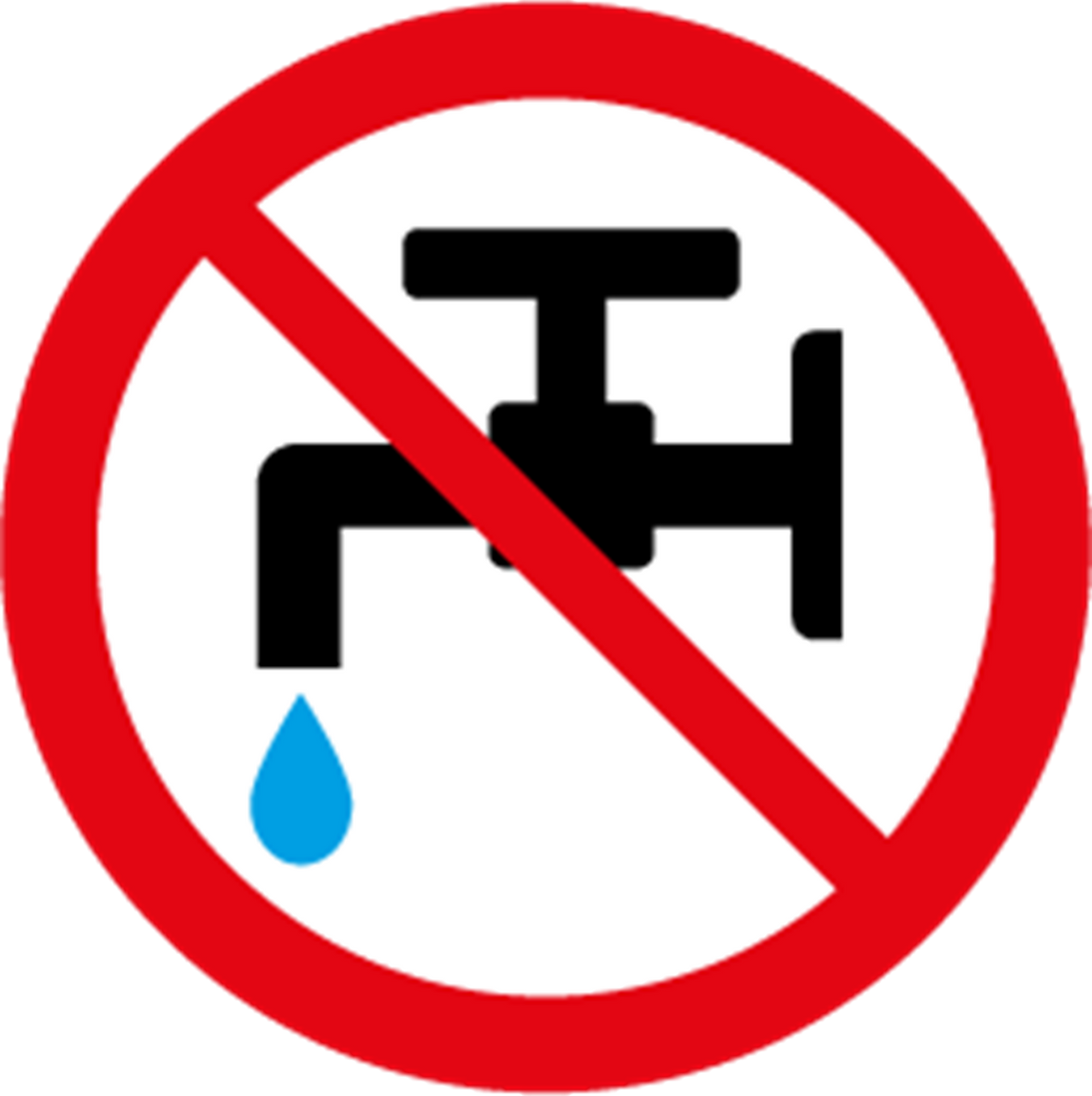Rundes Schild mit einem roten Strich durch einen Wasserhahn und einem Tropfen, vermutlich zur Kennzeichnung einer Einschränkung der Wassernutzung.
