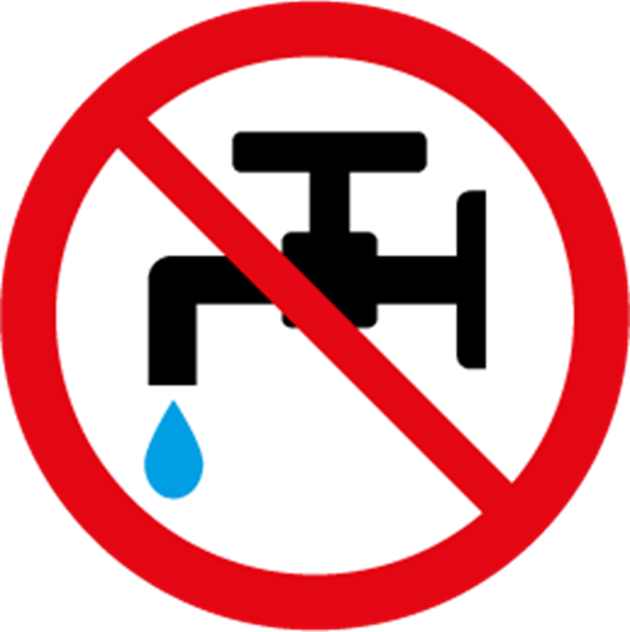 Ein roter Kreis mit einer diagonalen Linie durch einen Wasserhahn und einen Wassertropfen, was auf verbotene Wassernutzung hinweist.