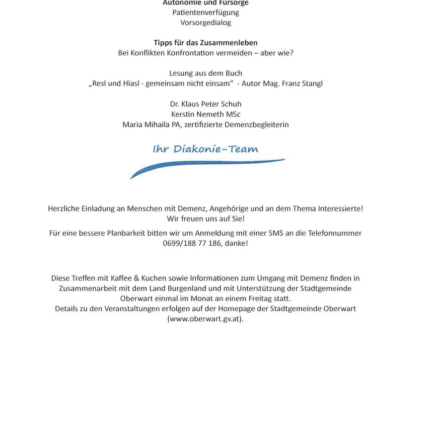 Das Bild zeigt Tipps zum Zusammenleben mit Menschen mit Demenz, Vermeidung von Konflikten und eine Kontaktnummer zur Anmeldung. Es erwähnt Treffen in Oberwart mit Kaffee und Kuchen und Informationen zum Leben mit Demenz.