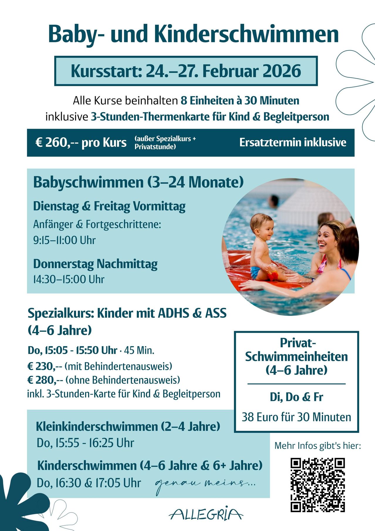 Werbeanzeige für Babyschwimmkurse für Kinder im Alter von 3-24 Monaten, einschließlich einer 3-Stunden-Karte für das Kind und Begleitperson. Preise, Zeiten und spezielle Kurse werden detailliert aufgeführt.