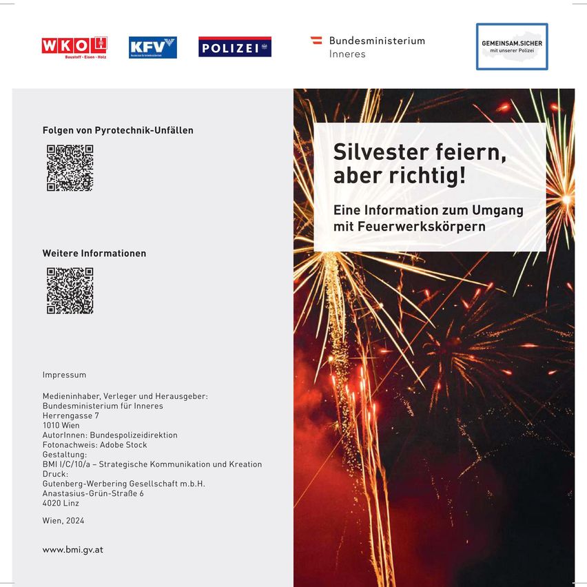 Das Bild zeigt einen Flyer mit einem Feuerwerkshintergrund. Es enthält Logos für WKÖ, KFV und Polizei sowie das Bundesministerium des Inneren. Der Flyer enthält Informationen zur sicheren Handhabung von Feuerwerkskörpern während Silvester. Er enthält einen QR-Code für weitere Informationen.