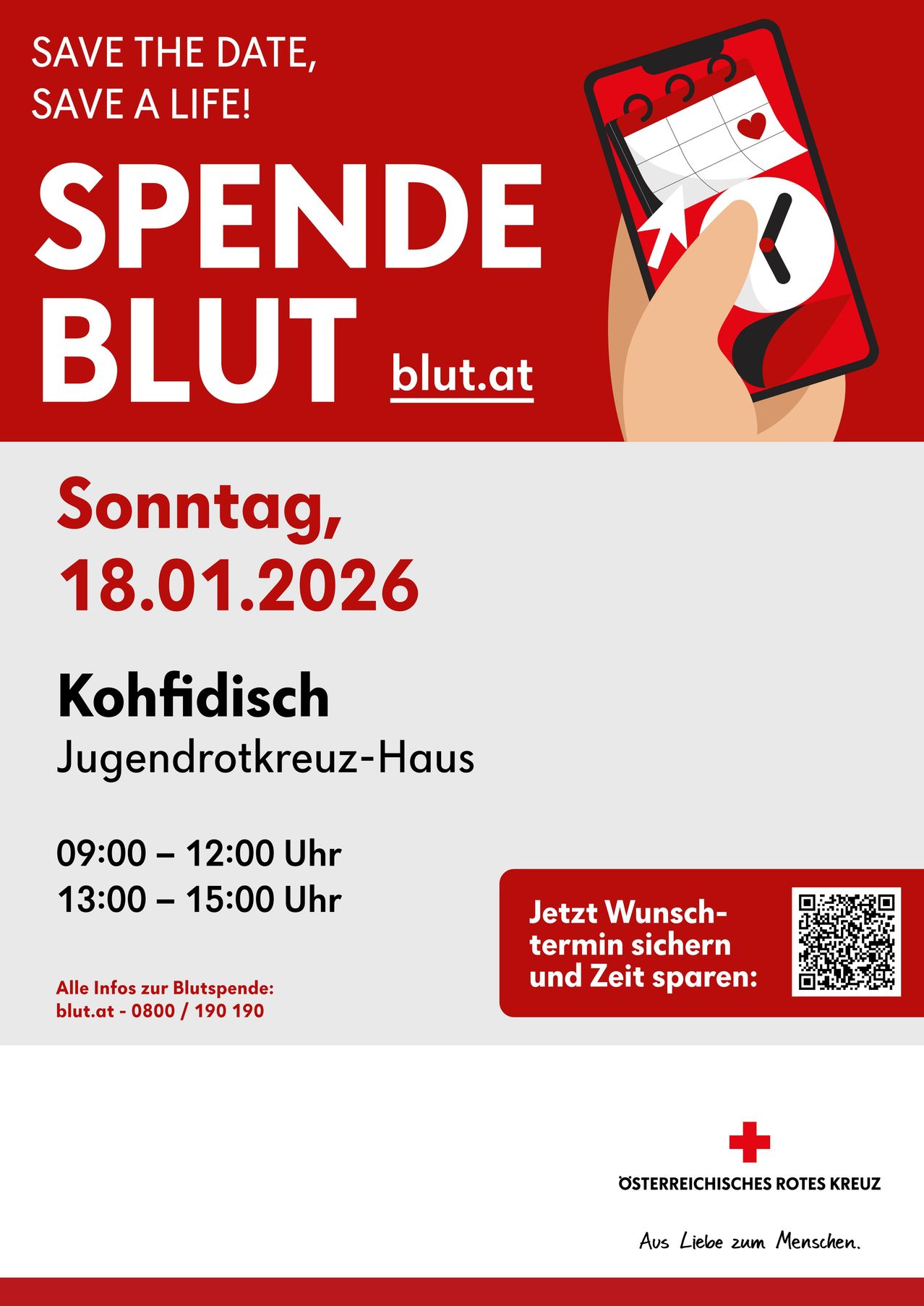 Plakat für Blutspende am Sonntag, 18.01.2026 im Jugendrotkreuz-Haus. Zeiten: 09:00-12:00 und 13:00-15:00. Kontakt: blut.at - 0800/190 190. QR-Code für Terminbuchung.