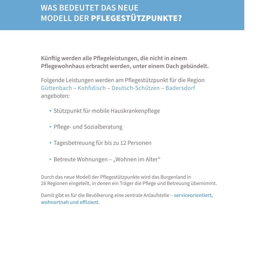 Das Bild beschreibt das neue Modell der Pflegestützpunkte in Burgenland, das Dienstleistungen wie mobile Hauskrankenpflege, Pflege- und Sozialberatung, Tagesbetreuung für bis zu 12 Personen und Beratung für Wohnungen im Alter anbietet.
