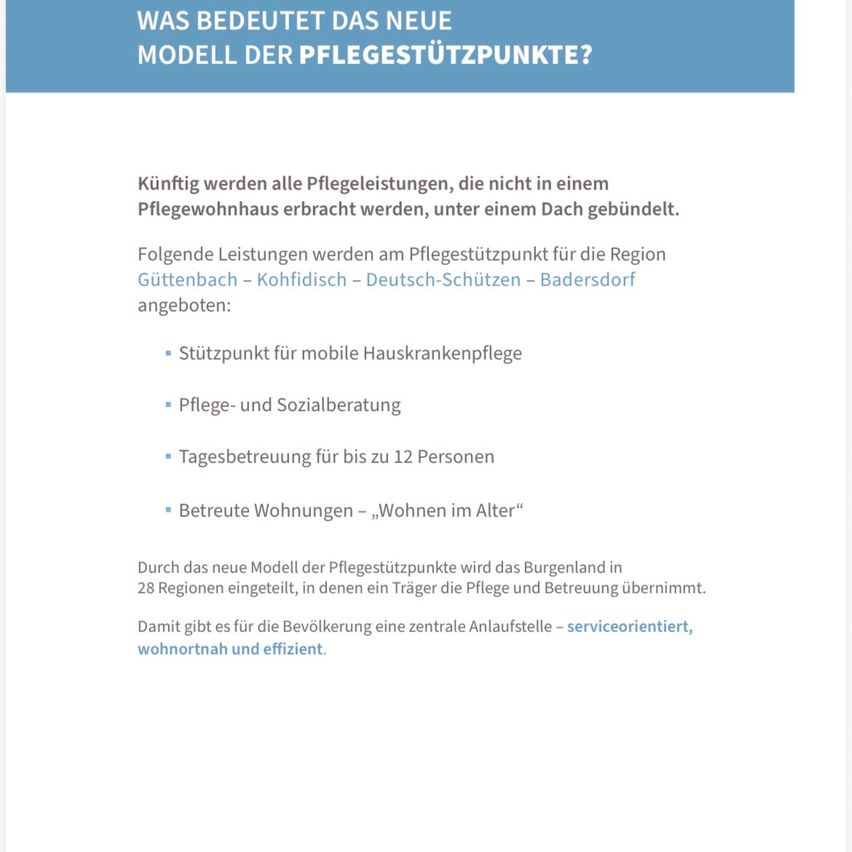 The image explains the new model of care support centers. Services outside care homes will be consolidated under one roof. Services include mobile home care, care and social counseling, day care for up to 12 people, and housing counseling.