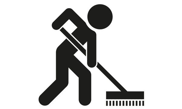 Schwarze Silhouette einer Person, die eine Kehrschaufel und einen Besen auf einem weißen Hintergrund hält.