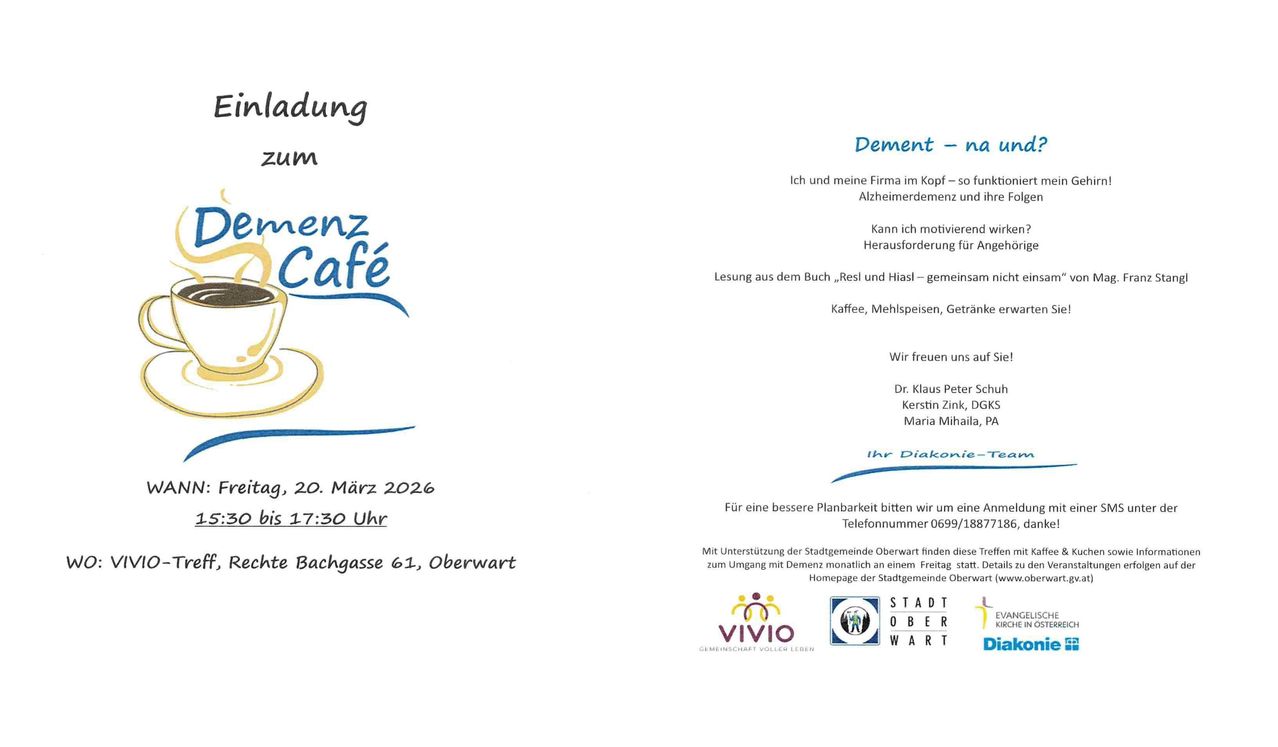 Einladung zur Veranstaltung über Alzheimer, mit Lesung aus dem Buch 'Resl und Hiasl'. Kaffee, Snacks und Getränke sind vorhanden. Veranstaltet von Dr. Klaus Peter Schuh, Kerstin Zink und Maria Mihaila. Veranstaltungsdatum: 20. März 2026. Anmeldeschluss: 17. März, 17:30 Uhr. Treffpunkt: Bachgasse 61, Oberwart. Telefonnummer: 0699/18877188. Mit Unterstützung des Oberwarter Stadtgemeinderats.