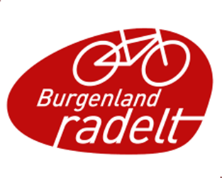A red oval logo with a bicycle icon and the words 'Burgenland radelt' in white font.