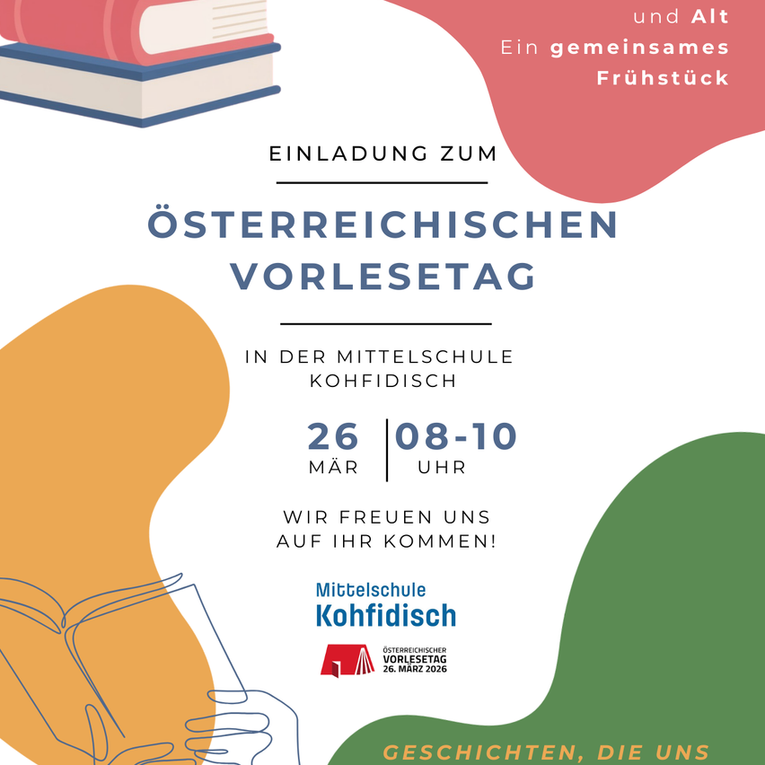 An invitation to the Austrian Reading Day at Mittelschule Kohfidisch on March 26 from 8-10 am. A shared breakfast and stories that unite us.