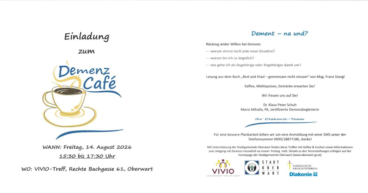 Ein Veranstaltungsplakat für 'Demenz - und Café' mit einer blauen Spirale, einer Lesung aus dem Buch 'Resl und Hiasl' und Angaben zu einem Treffen am 14. August 2026 um 17:30 in Oberwart.