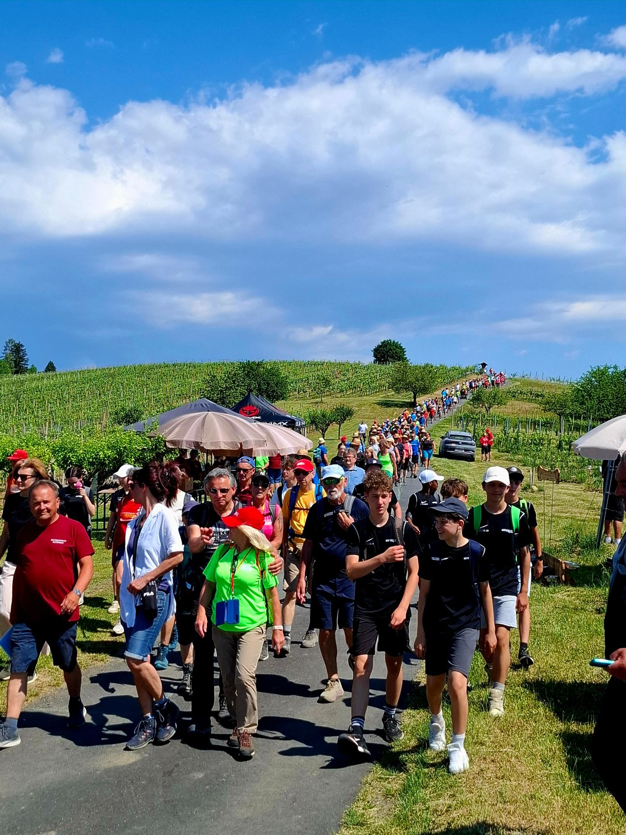 Eine Gruppe von Menschen geht in einer Reihe auf einer Straße, die von grünen Feldern und Bäumen umgeben ist. Sie tragen Hüte und haben Rucksäcke. Einige Leute vorne tragen Sonnenbrillen und einer trägt einen roten Hut. Es gibt Zelte und Autos in der Ferne unter einem bewölkten Himmel.