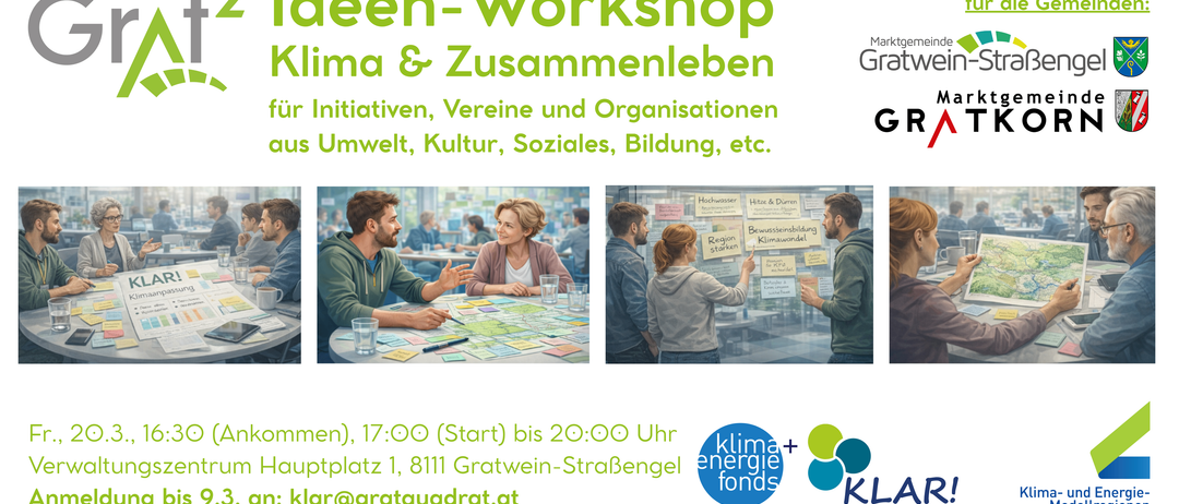 Plakat für ein Klima- und Zusammenlebens-Workshop. Gruppe von Menschen, die an einem Brett arbeiten. Ort und Zeit angegeben. Kontaktdaten. Logos.