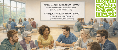 Ein Ankündigungsposter für Mitmachkonferenzen. Termine: 17. April und 8. Mai 2026. Orte: Mehrzweckhalle Gratwein und Kulturhalle Gratkorn.