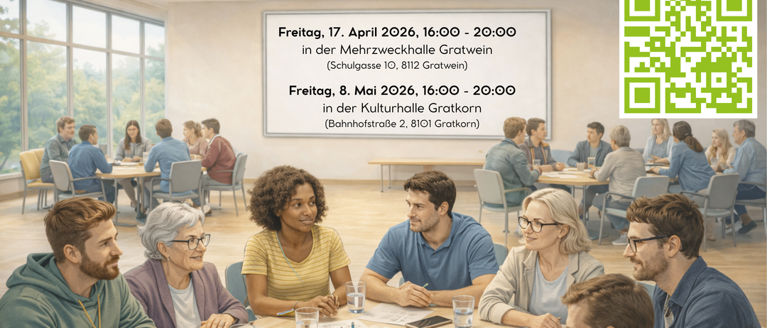 An announcement poster for participation conferences. Dates: April 17 and May 8, 2026. Locations: Mehrzweckhalle Gratwein and Kulturhalle Gratkorn.