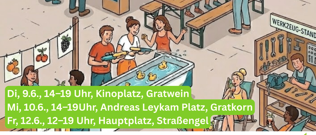 Illustration of people working on a table with plants and information boards. The text says 'Together against heat'. There are times and locations mentioned.