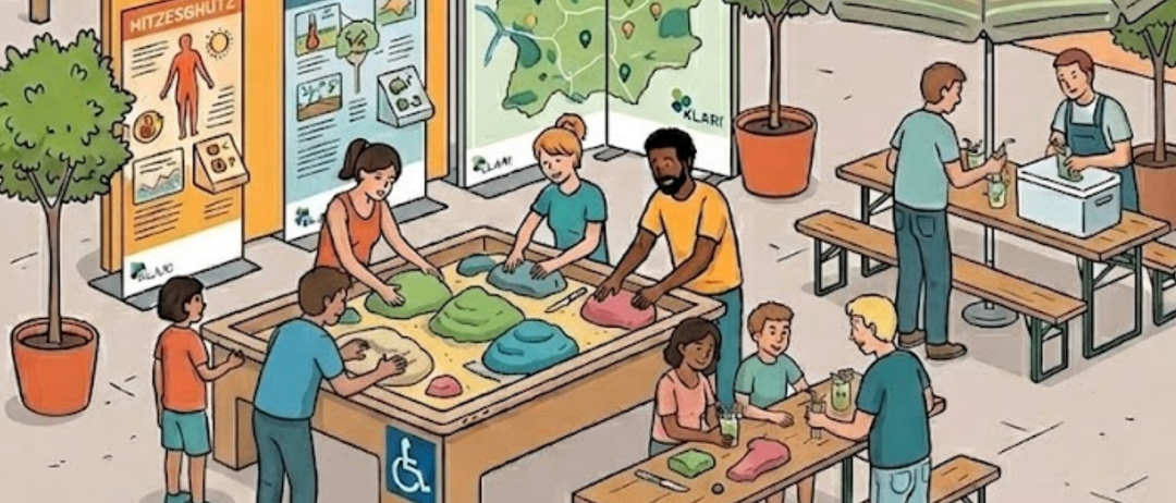 An illustration showing people working on a table. The text reads: Tuesday, 9.6., 14-19 o'clock, Kinoplatz, Gratwein. Wednesday, 10.6., 14-19 o'clock, Andreas Leykam Platz, Gratkorn.