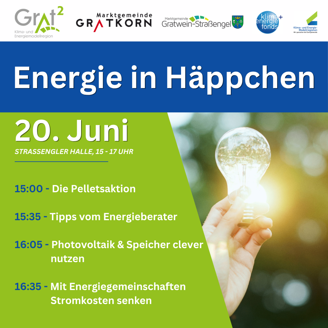 Energie-Veranstaltung in Häppchen am 20. Juni, 15-17 Uhr. Pellet-Aktion, Tipps vom Energieversorger, Photovoltaik & Speicher clever nutzen und Stromkosten senken.
